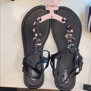 Women’s Black Sandals with Flower Detail